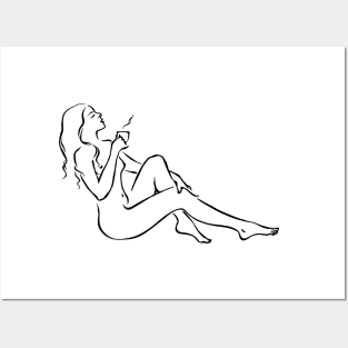 Nude woman with a cup of coffee. Naked girl drinking tea. Female body line art minimalist illustration Posters and Art